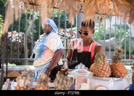 Un giovane lavora una gabbia di latte di cocco a Old Havana, Cuba. Foto Stock