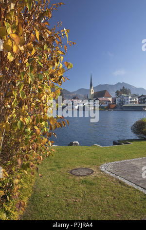 Vista sul Tegernsee al Malerwinkel di Rottach-Egern, valle Tegernsee, Alta Baviera, Baviera, Germania meridionale, Germania, Foto Stock