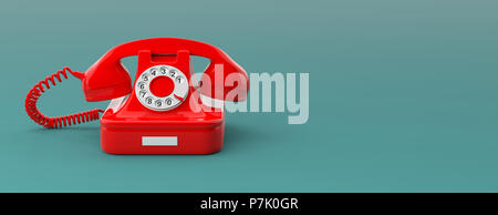 Red vecchio telefono retrò isolato sul verde sfondo blu, copia spazio banner. 3d illustrazione Foto Stock