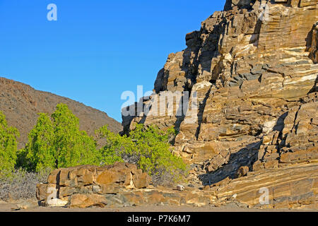 È dispiegata verticalmente, antico, fiume colorato di depositi in strati e di resistenza agli agenti atmosferici è scivolata massi a secco su un fiume di Damaraland, Namibia Foto Stock