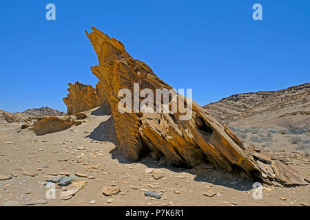 Aslnat posizionato a spigolo vivo le piastre di sedimenti in un fiume secco nell'area Brandberg-West in Namibia Foto Stock