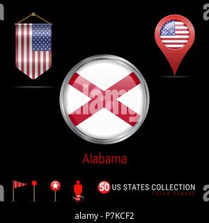 Round chrome badge di vettore con Alabama USA Flag di stato. Pennant bandiera degli Stati Uniti d'America. Puntatore Mappa - STATI UNITI D'AMERICA. Mappa icone di navigazione Illustrazione Vettoriale