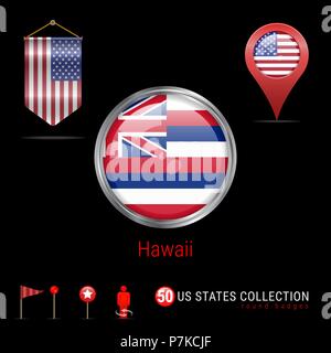 Round chrome badge di vettore con Hawaii US Flag di stato. Pennant bandiera degli Stati Uniti d'America. Puntatore Mappa - STATI UNITI D'AMERICA. Mappa icone di navigazione Illustrazione Vettoriale