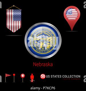 Round chrome badge di vettore con Nebraska US Flag di stato. Pennant bandiera degli Stati Uniti d'America. Puntatore Mappa - STATI UNITI D'AMERICA. Mappa icone di navigazione Illustrazione Vettoriale