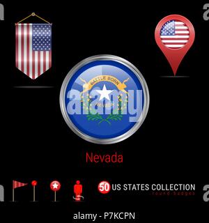 Round chrome badge di vettore con il Nevada USA Flag di stato. Pennant bandiera degli Stati Uniti d'America. Puntatore Mappa - STATI UNITI D'AMERICA. Mappa icone di navigazione Illustrazione Vettoriale