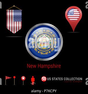Round chrome badge di vettore con New Hampshire USA Flag di stato. Pennant bandiera degli Stati Uniti d'America. Puntatore Mappa - STATI UNITI D'AMERICA. Mappa icone di navigazione Illustrazione Vettoriale