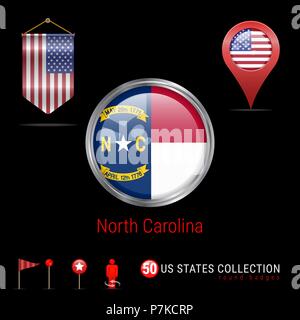 Round badge di vettore con North Carolina US Flag di stato. Pennant bandiera degli Stati Uniti d'America. Puntatore Mappa - STATI UNITI D'AMERICA. Mappa icone di navigazione Illustrazione Vettoriale