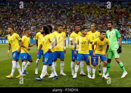 Kazan, Russia. 6 luglio 2018. In Brasile il team durante la partita tra Brasile e Belgio valido per il 2018 Coppa del Mondo svoltasi presso l'Arena di Kazan a Kazan, Russia. (Foto: Rodolfo Buhrer/La/Imagem Fotoarena) Foto Stock