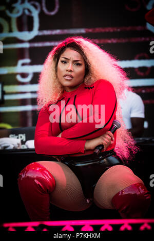 Roskilde, Danimarca. Il 7 luglio 2018. Il rapper inglese e cantante Stefflon Don esegue un concerto dal vivo durante il danese music festival Roskilde Festival 2018. (Photo credit: Gonzales Photo - Christian Hjorth). Credito: Gonzales foto/Alamy Live News Foto Stock