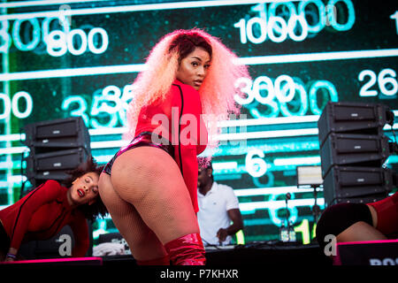 Roskilde, Danimarca. Il 7 luglio 2018. Il rapper inglese e cantante Stefflon Don esegue un concerto dal vivo durante il danese music festival Roskilde Festival 2018. (Photo credit: Gonzales Photo - Christian Hjorth). Credito: Gonzales foto/Alamy Live News Foto Stock