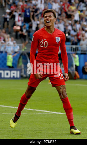 Samara, Russia. 7 Luglio, 2018. Il dele Alli di Inghilterra celebra rigature durante il 2018 FIFA World Cup quarti di finale di partita tra Svezia e Inghilterra a Samara, Russia, Luglio 7, 2018. Credito: Lu Jinbo/Xinhua/Alamy Live News Foto Stock