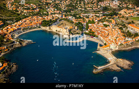 Royal Fort, Château Royal de Collioure, porto di Collioure, costa mediterranea, Mare mediterraneo, Collioure, Pyrénées-Orientales reparto, regione Occitanie, Francia Foto Stock