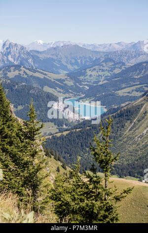 Vista dalla Rochers de Naye sulle Alpi Svizzere con il lago di montagna, vicino a Montreux, canton Vaud, Svizzera Foto Stock