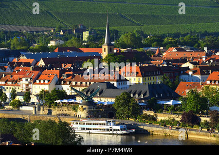 In Germania, in Baviera, Alta Franconia Regione, Würzburg, vista dalla fortezza di Marienberg, chiesa di Santa Geltrude, vigneto e il principale fiume Foto Stock