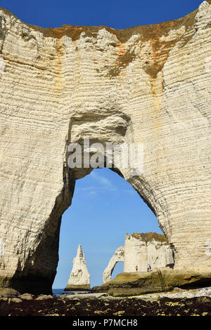 Francia, Seine Maritime, Caux, alabastro Costa, Etretat, l'Aval cliff, l'arco e la Aiguille (ago) d'Aval attraverso la scogliera Manneporte Foto Stock