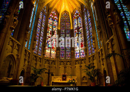 Altare e vetrata di Basilique Saint Nazaire in La Cite Carcassonne FRANCIA Foto Stock