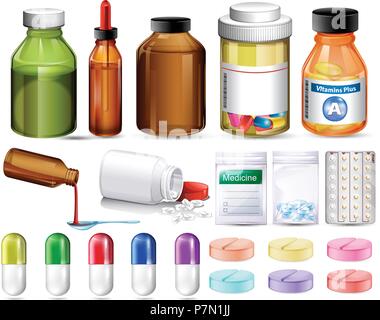 Set di pillole e medicina contenitori illustrazione Illustrazione Vettoriale