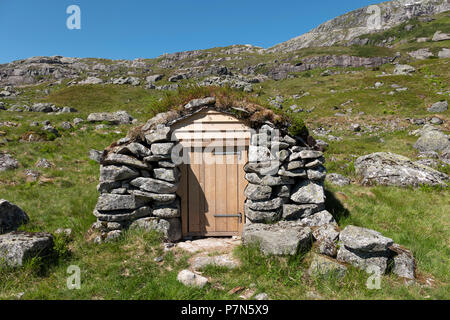 Vecchio tappeto erboso norvegese capanna del tetto sulle alte brughiere sopra Sognefjord a Gaularfjellet, Norvegia. Foto Stock