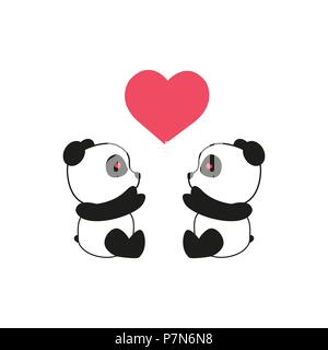 Orso Panda illustrazione. Due pandas con il cuore. Giorno di San Valentino. Illustrazione Vettoriale