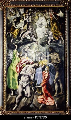 CUADRO " EL BAUTISMO DE CRISTO". AUTOR: DOMENIKOS THEOTHOKOPOULOS, El Greco Y SU HIJO JORGE MANUEL THEOTOCOPULI. EN EL Hospital de Tavera, TOLEDO (año 1608, OLEO sobre lienzo). Gesù RECIBE EL BAUTISMO DE SAN JUAN BAUTISTA CON LA SANTISIMA TRINIDAD, DIOS ARRIBA Y LA PALOMA DEL Espiritu Santo. Foto Stock