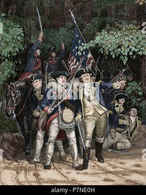 La guerra rivoluzionaria americana (1775-1783). Rivoluzionaria americana di soldati. Incisione di Julian Scott in Harper's settimanale, 1876. Colorati. Foto Stock