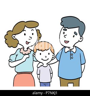 Disegnata a mano della famiglia felice, padre, madre e figlio e figlia. Cartoon character design isolato su sfondo bianco. Disegnata a mano illustrazione vettoriale. Illustrazione Vettoriale