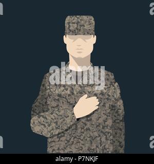 Soldato in uniforme di mimetizzazione, uomo soldato in uniforme. Piatto isolato in stile cartone animato. Illustrazione Vettoriale. Illustrazione Vettoriale