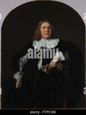 . Portret van een man . Nederlands: Dit prachtig geschilderde porta portret Bartholomeus van der Helst maakt in één blik duidelijk waarom zo veel Amsterdammers zich door de schilder wilden laten vereeuwigen. De zwier en elegantie die hij in zijn portretten sapevano te leggen passen uitstekend bij de smaak van de Rijke uomo di vrouw in de Gouden eeuw. Maar wie è toch die bionda, jonge man die ons zo zelfverzekerd, bijna arrogante zelfs, aankijkt Hij zal een Amsterdammer zijn en een rijke bovendien. Buiten dat het hij zich kan veroorloven zich porta Van der Helst te laten portretteren hij draagt buite Foto Stock