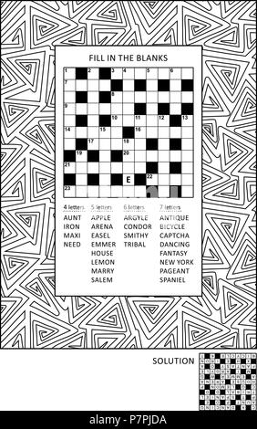 Puzzle e colorazione pagina attività per adulti con criss-cross, o compilare il resto kriss-kross gioco di parole (Inglese) e ampia cornice decorativa per colore. Illustrazione Vettoriale