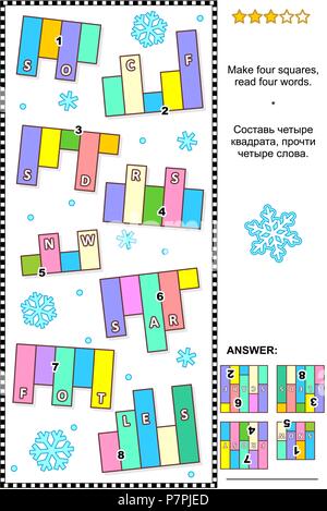 Inverno a tema formazione IQ abstract visual parola puzzle (lingua inglese): fare quattro piazze, lettura di quattro parole. Risposta inclusa. Illustrazione Vettoriale