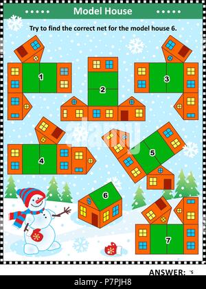 Formazione IQ visual puzzle (adatta sia per bambini che per adulti) o picture riddle: tentare di trovare il corretto netti per il modello di casa 6. Risposta inclusa. Illustrazione Vettoriale