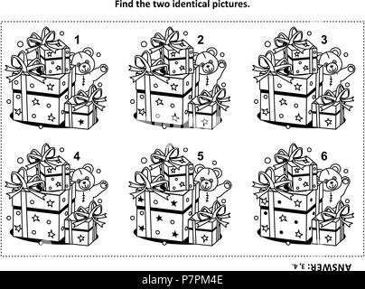 Formazione IQ trovare due immagini identiche con presenta e orsacchiotto visual puzzle e la colorazione di pagina. Risposta inclusa. Illustrazione Vettoriale