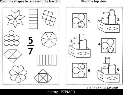 Due visual math puzzle e pagine da colorare. Il colore delle forme per rappresentare la frazione. Trovare la vista dall'alto. In bianco e nero. Risposta inclusa. Illustrazione Vettoriale
