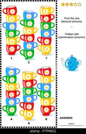 Visual puzzle con le pile di tazze colorate: trovare le due immagini identiche. Risposta inclusa. Illustrazione Vettoriale