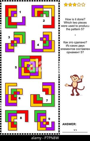 IQ astratto di formazione visual puzzle: Come si fa? Quali due pezzi sono stati usati per produrre il modello 5? Risposta inclusa. Illustrazione Vettoriale