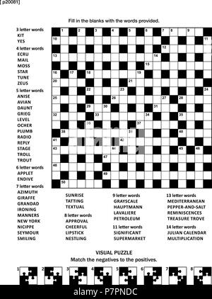 Pagina di puzzle con due puzzle: 19x19 criss-cross (kriss-kross, riempire gli spazi vuoti) crossword gioco di parole (lingua inglese) e astratta visual puzzle. Illustrazione Vettoriale