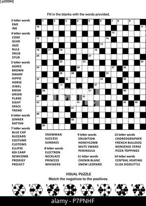 Pagina di puzzle con due puzzle: 19x19 criss-cross (kriss-kross, riempire gli spazi vuoti) crossword gioco di parole (lingua inglese) e astratta visual puzzle. Illustrazione Vettoriale