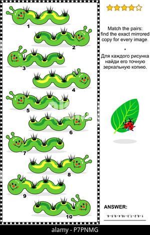 Visual puzzle con i bruchi: corrispondono le coppie - trovare l'esatta copia mirror per ogni immagine. Risposta inclusa. Illustrazione Vettoriale