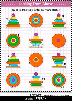Math visual puzzle o immagine enigma con l'anello colorato giocattoli di impilamento: Trovare la vista superiore per ogni torre giocattolo di anelli di legno. Risposta inclusa. Illustrazione Vettoriale
