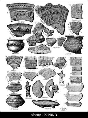 Inglese: Modelli su ceramica di stazioni palafitticole del Lago del Bourget riprodotti da Léon Coutil (1856-1943) circa 1915. Questi palafittes fanno parte del w:en:Siti palafitticoli preistorici nell'Alpi e sono classificate come patrimonio mondiale UNESCO siti dal 2011 Deutsch: Prähistorische Pfahlbauten um die Alpen. UNESCO-Weltkulturerbe in der Schweiz, in Deutschland Österreich, Italien, Frankreich und Slowenien Français : Motivi de poteries provenant de palafittes du Lac du Bourget présentés par Léon Coutil (1856-1943) vers 1915. Ces palafittes font partie de l'ensemble des w:fr:palafittiques siti Foto Stock