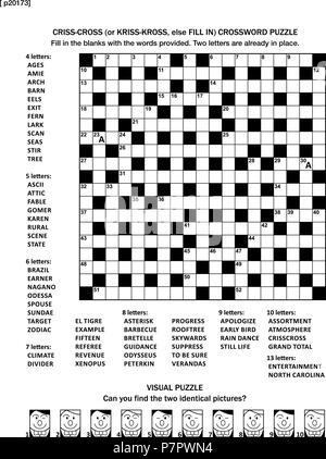 Pagina di puzzle con due giochi: 19x19 fill-in (o criss-cross, altrimenti kriss-kross) cruciverba e visual puzzle. Bianco e nero, A4 o formato letter. Le risposte sono in file separati. Illustrazione Vettoriale