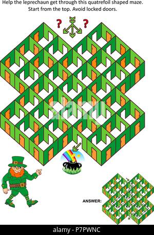 La festa di san Patrizio camere a tema e porte gioco labirinto o pagina di attività: aiutare il leprechaun ottenere attraverso la forma quatrefoil labirinto. Risposta inclusa. Illustrazione Vettoriale