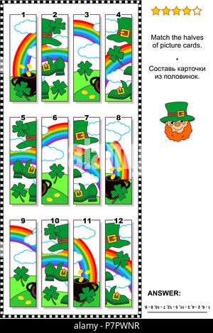 La festa di San Patrizio a tema puzzle visuale con la pentola d'oro, rainbow, cappello verde e scarpe, shamrock quatrefoils: corrisponde alla metà della picture card. Illustrazione Vettoriale