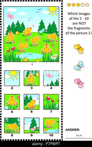Primavera, Pasqua o estate visual logic puzzle con felice giocoso pulcini esterna di alimentazione: Cosa del 2 - 10 non sono i frammenti di immagine 1? Illustrazione Vettoriale