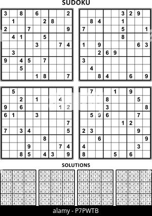 Quattro puzzle di sudoku di confortevoli (facile, ma ancora non molto facile), a livello A4 o Lettera dimensioni pagina con margini, adatto per stampare grandi libri. Impostare 10. Illustrazione Vettoriale