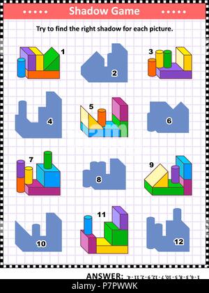 Formazione IQ visual puzzle o picture riddle: provare a trovare la giusta ombra per ogni costruzione di blocchi di costruzione. Risposta inclusa. Illustrazione Vettoriale
