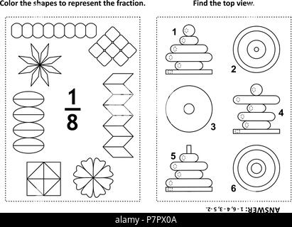 Due visual math puzzle e pagine da colorare. Il colore delle forme per rappresentare la frazione. Trovare la vista dall'alto. In bianco e nero. Risposta inclusa. Illustrazione Vettoriale