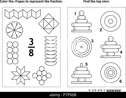 Due visual math puzzle e pagine da colorare. Il colore delle forme per rappresentare la frazione. Trovare la vista dall'alto. In bianco e nero. Risposta inclusa. Illustrazione Vettoriale