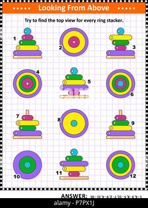 Math visual puzzle o picture riddle con colorati anello di legno giocattoli di impilamento: provare a trovare la vista superiore per ogni anello raccoglitore. Risposta inclusa. Illustrazione Vettoriale