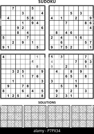 Quattro puzzle di sudoku di livello confortevole, sulla A4 o Lettera dimensioni pagina con margini, adatto per stampare grandi libri, risposte incluso. La serie 11. Illustrazione Vettoriale